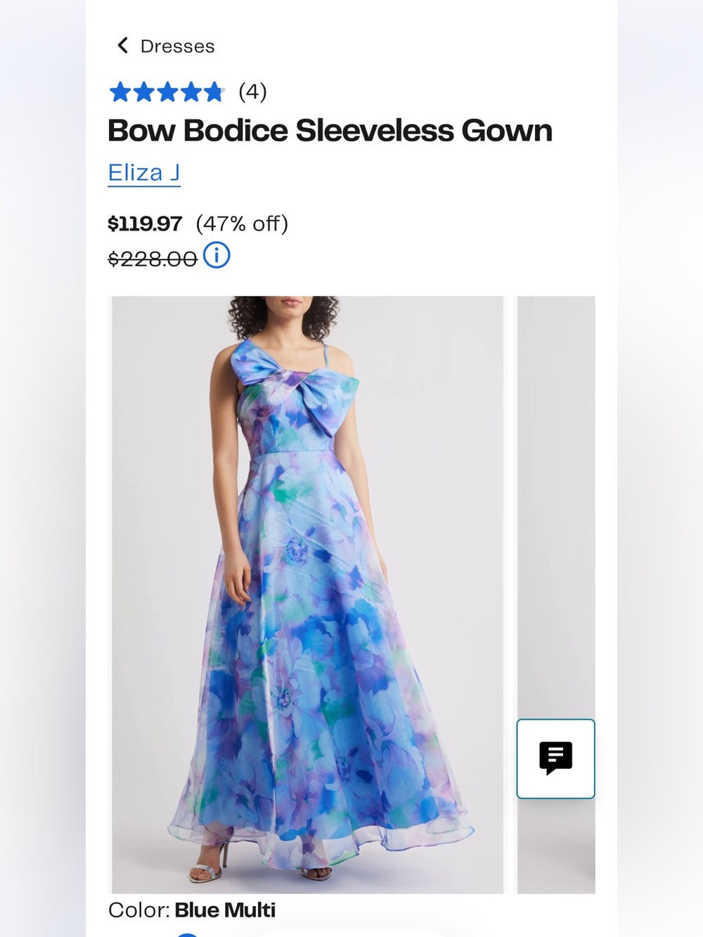 Eliza J Blue Multi One-Shoulder Bow Bodice Gown